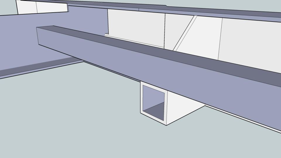 3D CAD render of frame rails with gusset and box tube support, no dimensions