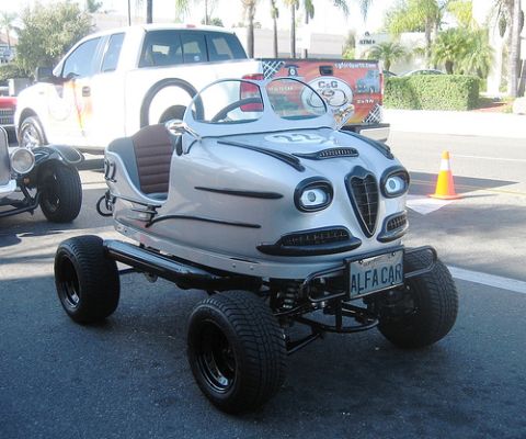 1968 Ford Mustang - This custom-built vehicle resembles a bumper car and has a license plate that reads 'ALFA CAR'.