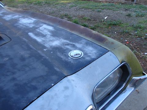 1973 Ford Ranchero - The hood of a car shows wear and tear, with faded paint and rust along the edge.