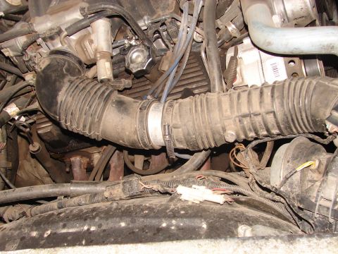 1973 Ford Ranchero - A close-up view of a vehicle's engine bay, showing various hoses and electrical connections.