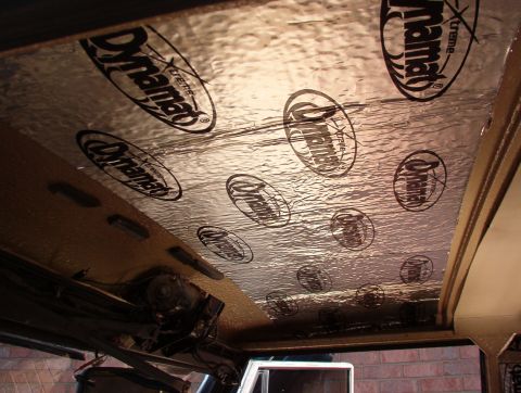 1975 Ford Bronco - The Dynamat above the front headliner hasn't sagged a bit in the past ~year. The foam strips near the wiper are to hold the headliner tight…