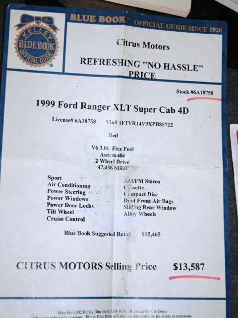 1986 Ford Bronco - This document shows a 1999 Ford Ranger XLT Super Cab 4D with a selling price of $13,587.