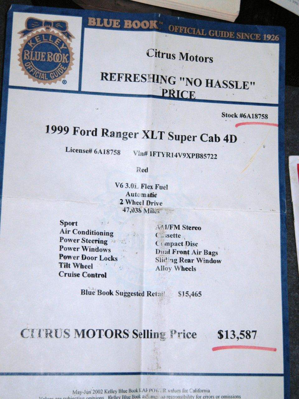 Citrus Motors Kelley Blue Book price sheet for a 1999 Ford Ranger XLT Super Cab 4D, $13,587
