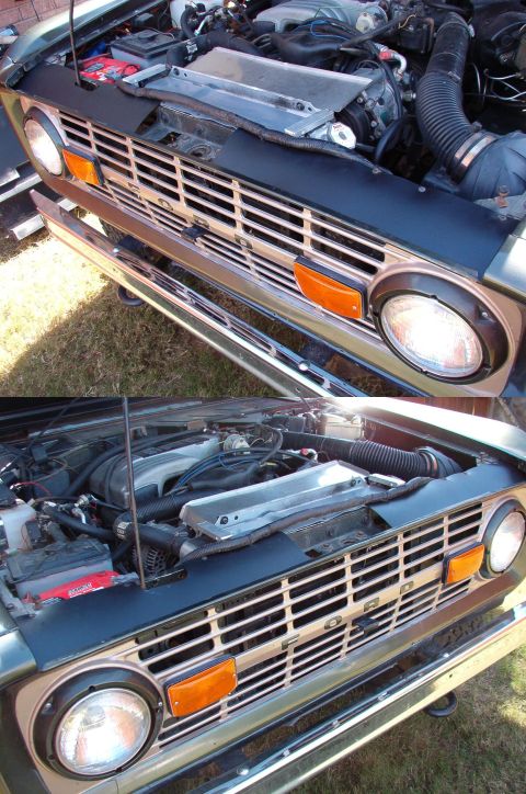 1975 Ford Bronco - Headlight flaps made from the leftover wheelwell liner material help prevent hot fan air from recirculating over the core support into the…