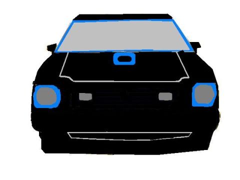 1978 Ford Mustang II - This is a drawing of a black car's front end, blue trim around the headlights and a blue hood scoop.