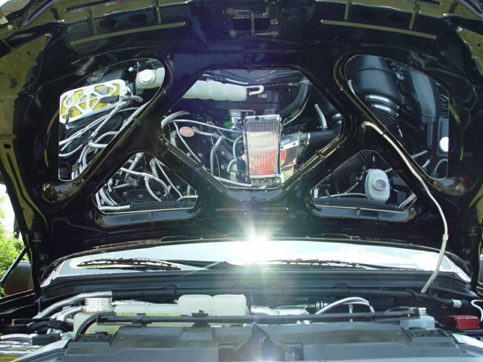 Detailed engine bay under raised hood with chromed hoses and reservoirs