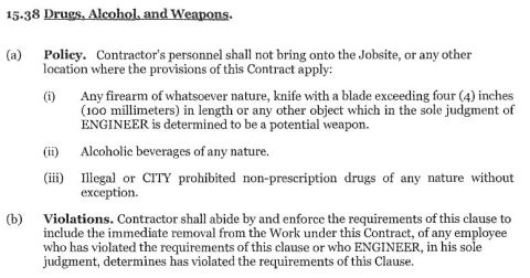 2001 Ford F-150 - Contract document outlines rules against bringing weapons, alcohol, and drugs onto a job site.