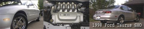 1998 Ford Taurus - Collage shows 1998 Ford Taurus SHO engine and rear exterior details.