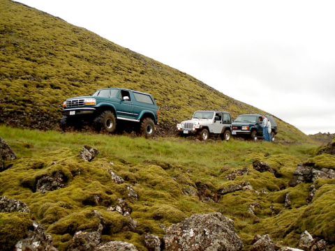 1996 Ford Bronco - Three off-road vehicles navigate a challenging, mossy terrain on a cloudy day.