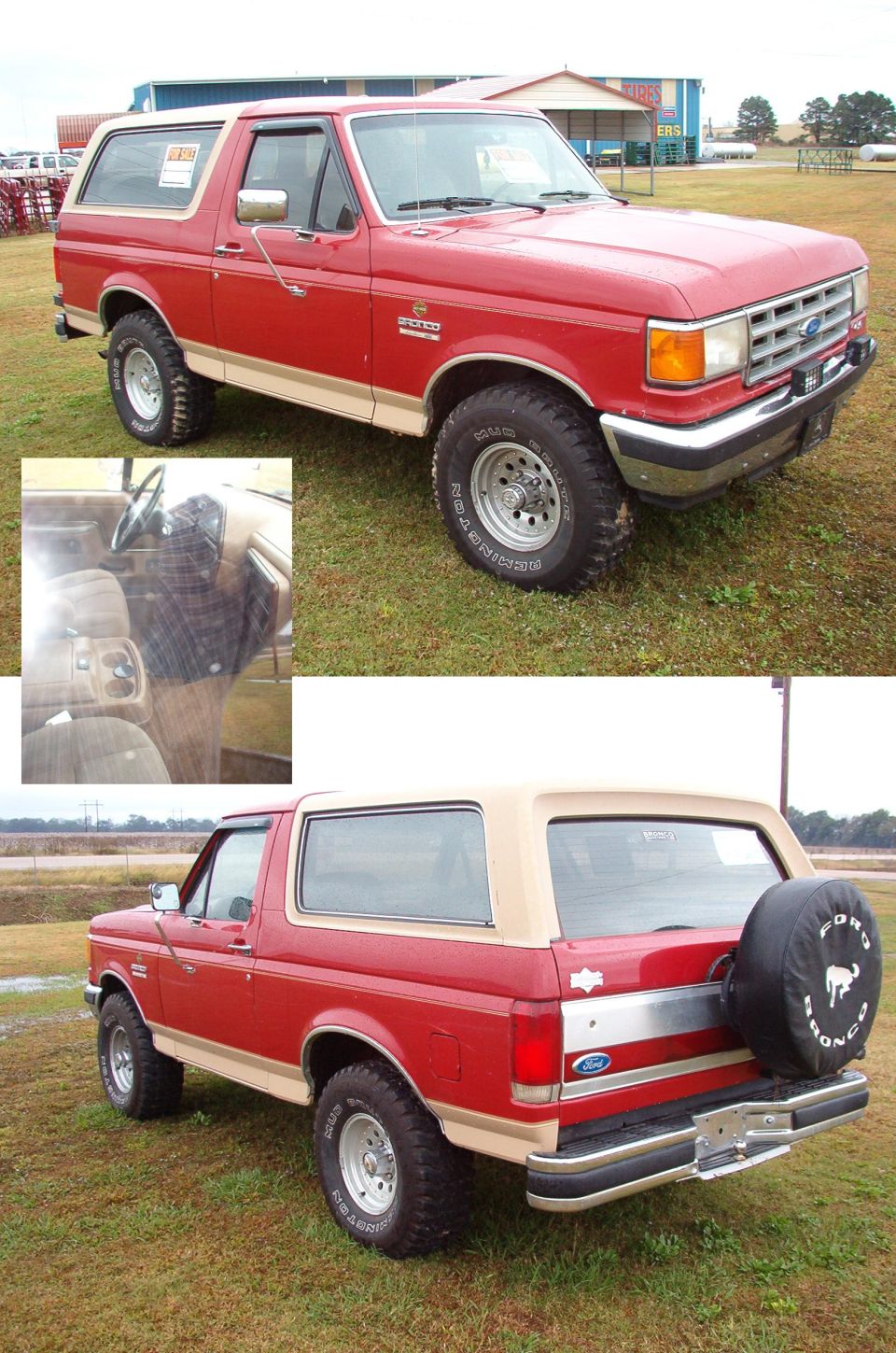 Red full-size Ford Bronco with tan top shown front and rear with interior inset