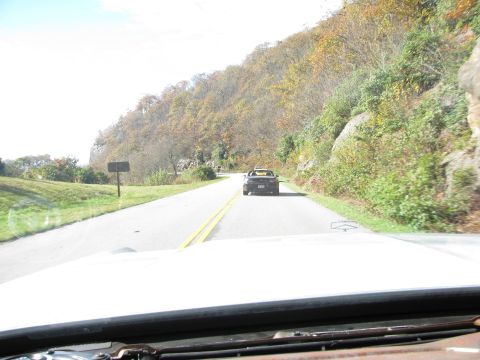 1985 Ford LTD Crown Victoria - A car travels down a scenic road during autumn.