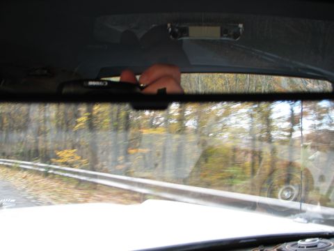 1985 Ford LTD Crown Victoria - View from inside a vehicle, with a hand adjusting the rearview mirror, as trees and a guardrail pass by.
