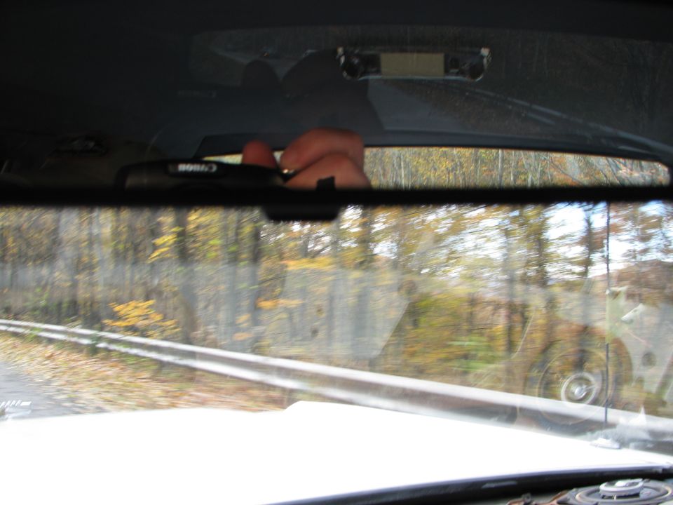 Interior view from driver's seat, hand adjusting rearview mirror, autumn trees visible through windshield