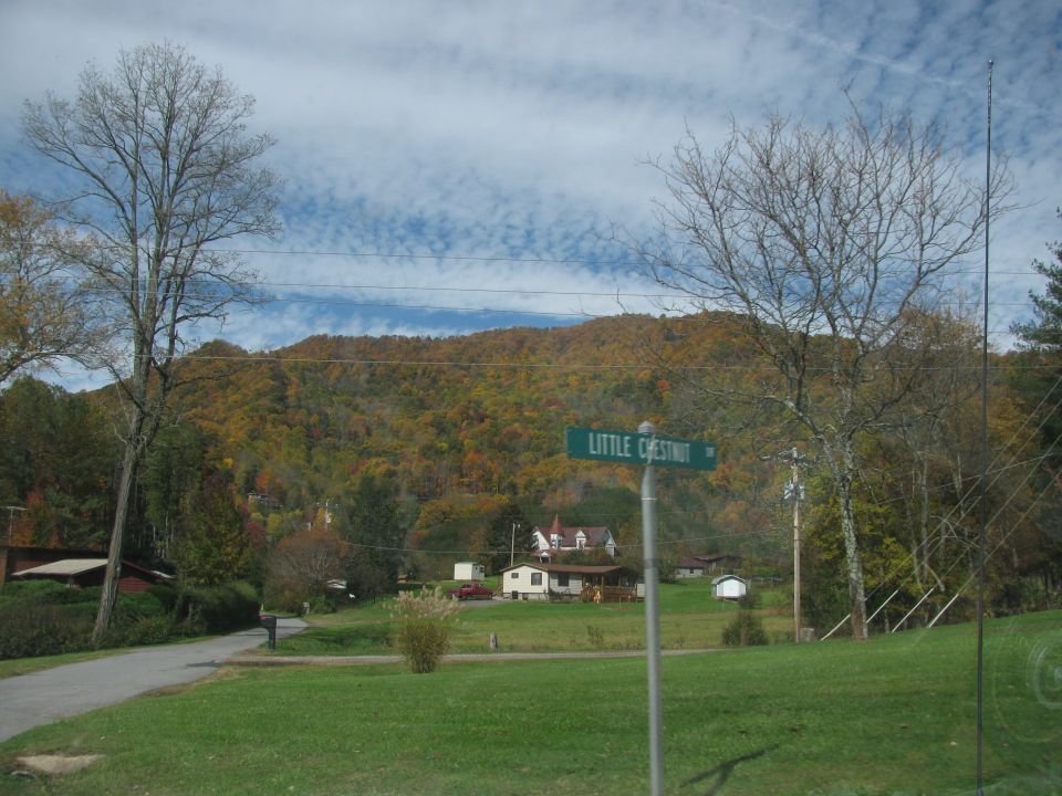 Rural scene with a "LITTLE CHESTNUT" street sign in the foreground, houses and autumn foliage on a hill in the background