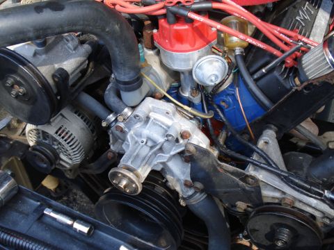 1984 Ford Bronco - Close-up view of various engine parts including the water pump and distributor.