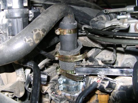 1998 Ford Crown Victoria - A close-up view of a heater hose and its clamps within an engine compartment.