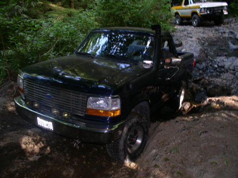 1979 Ford Bronco - A black pickup truck navigates a rocky, wooded path, with another vehicle in the background.
