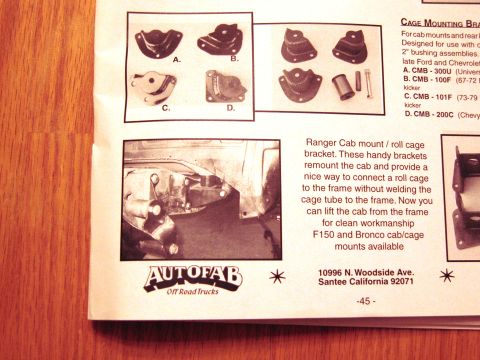 1986 Ford Bronco - Catalog page shows diagrams and an installation photo for cab mount and roll cage brackets for Ford F150 and Bronco models.