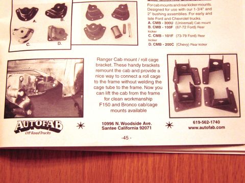 1986 Ford Bronco - Autofab Off Road Trucks diagram shows various cab mount and rear kicker brackets for Ford and Chevrolet trucks.