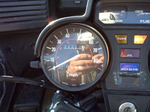 1982 Honda GL1100I GW Interstate - The dashboard displays the speedometer reading in MPH and various indicator lights.