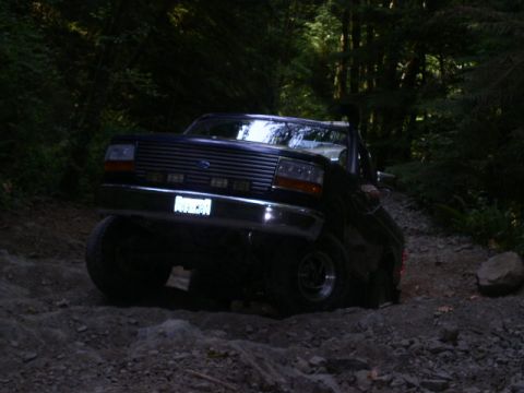 1979 Ford Bronco - Black Ford F-Series truck navigates a rough, wooded terrain.