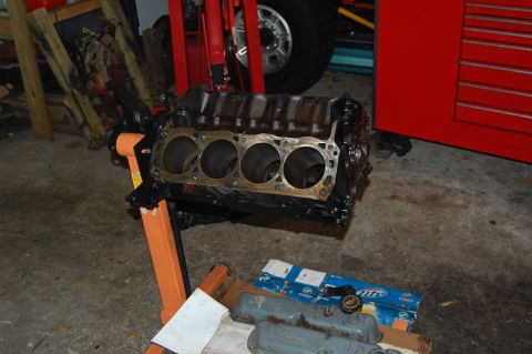 1994 Ford Bronco - Engine block on an orange stand, with parts and a red toolbox in the background.