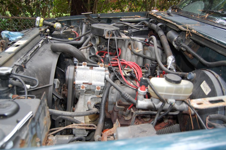 1994 Ford Bronco engine bay, green exterior, close-up view of engine components and fan