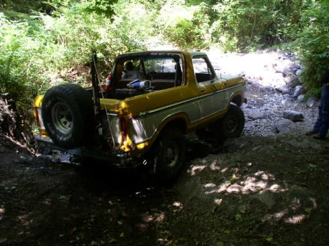 1979 Ford Bronco - Ford Bronco navigating a challenging off-road trail in a wooded area.