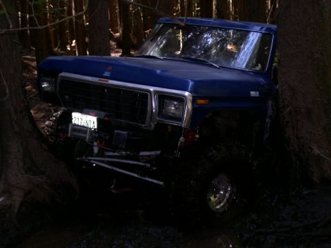 1979 Ford Bronco - Off-roading in a forest, this blue Ford Bronco is stuck in the mud.