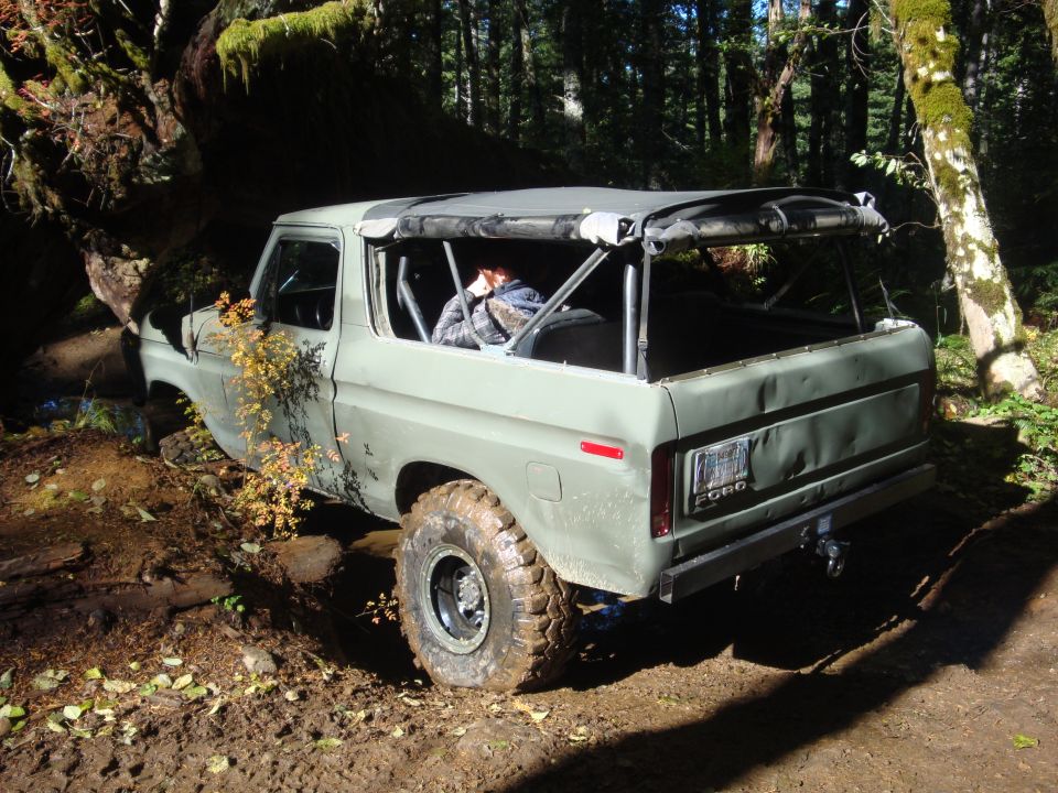 Olive green 1978 Ford Bronco with a soft top removed, stuck in mud on a forest trail