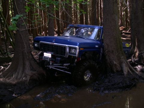1979 Ford Bronco - This 1979 Ford Bronco is navigating a challenging off-road course, getting stuck in the mud between large trees.