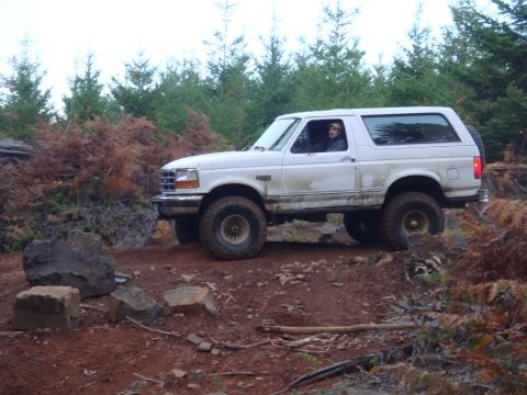 1978 Ford Bronco - A white Ford Bronco navigates a rocky, wooded trail.