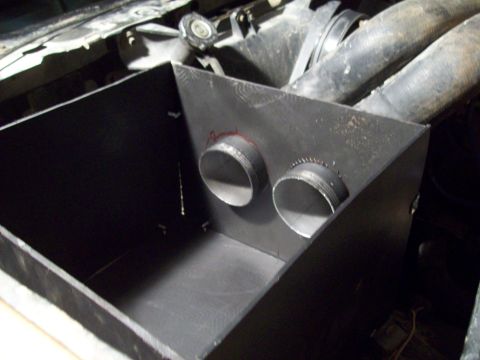 1985 Ford Bronco - Custom fabricated intake box with dual pipe outlets, likely for engine modification.
