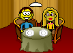 Two cartoon people sit at a round table covered with a green tablecloth