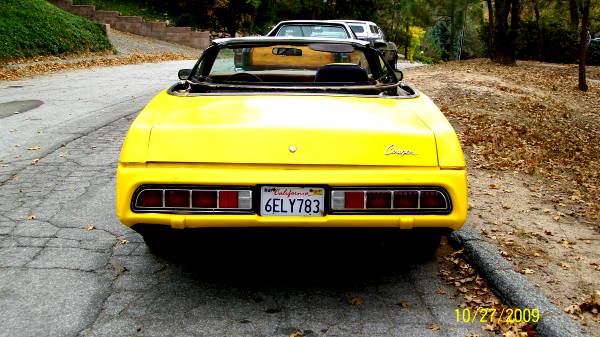 Yellow 1973 Mercury Cougar convertible rear view, California license plate 6ELY783