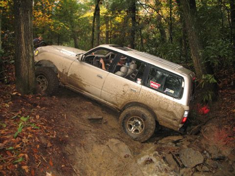 1985 Ford Bronco - A tan SUV is seen off-roading through a muddy forest trail, with its front tire close to a tree.