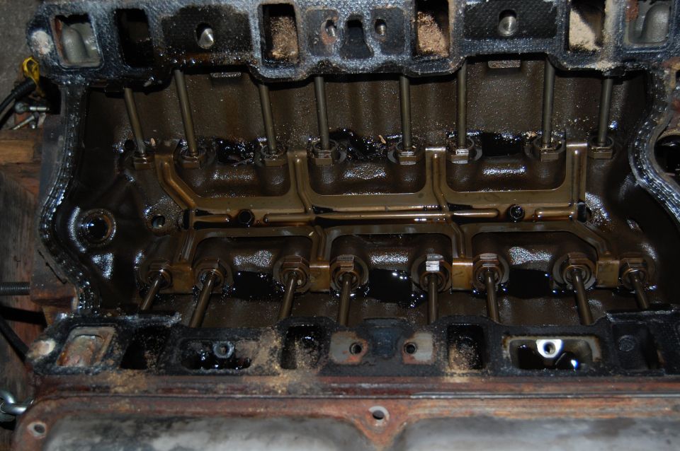 Engine cylinder head showing pushrods and valve train components, covered in oil