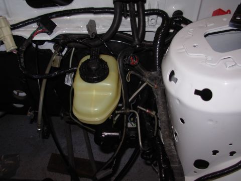 1995 Ford Taurus - Engine bay view showing brake fluid reservoir and wiring harness.