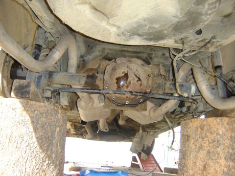 1984 Ford LTD - Underside view shows the rear axle, differential, and exhaust system of a vehicle.