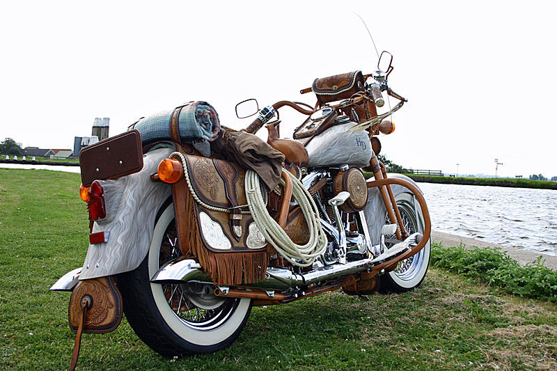 Customized motorcycle with leather saddlebags, rolled blanket, and rope, parked on grass by a body of water