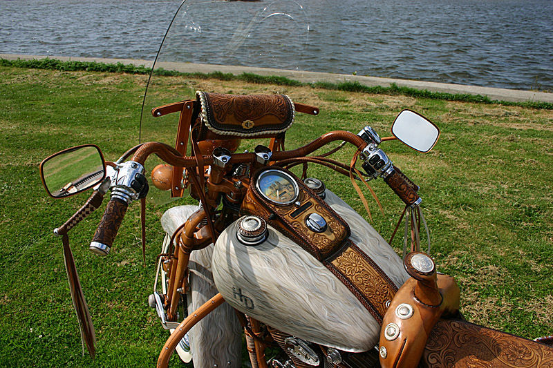Motorcycle handlebars, gas tank, and seat with intricate leather tooling. Windshield and mirrors visible. Parked on grass near water