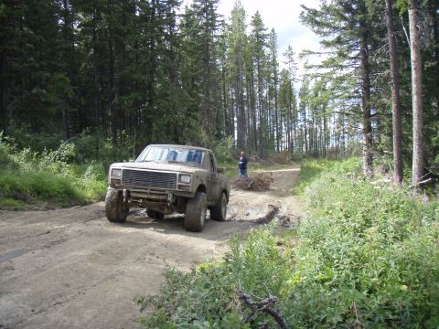 1985 Ford Bronco - A lifted, tan Ford F-Series truck navigates a muddy forest road.