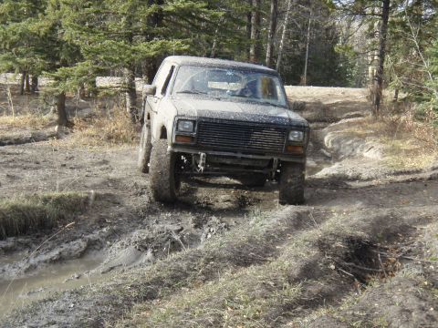 1985 Ford Bronco - This 4x4 truck is driving through a muddy off-road trail surrounded by trees.