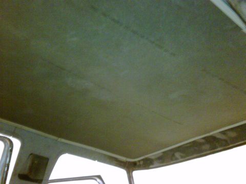 1979 Ford F-250 - The interior ceiling of a vehicle is visible, with a green headliner and structural elements at the edges.