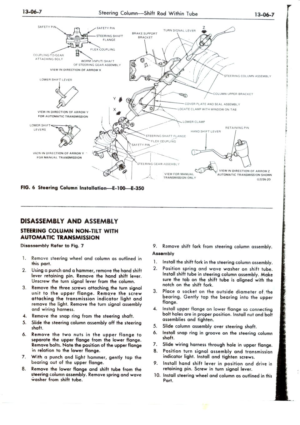Ford E-100/E-350 steering column installation and shift-rod exploded diagram