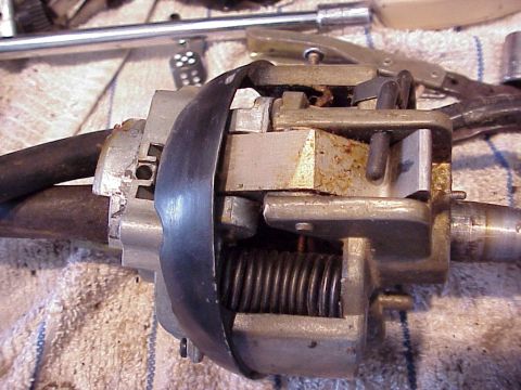 1979 Ford Bronco - This photo shows a close-up view of a vehicle's steering column mechanism, a visible spring and metal components.