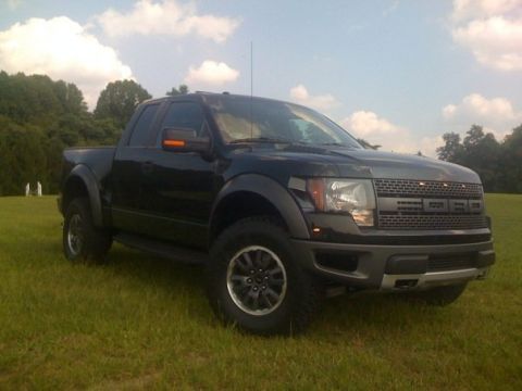 1996 Ford Bronco - Front 3/4 view of a black Ford F-150 SVT Raptor pickup truck on a grassy field.