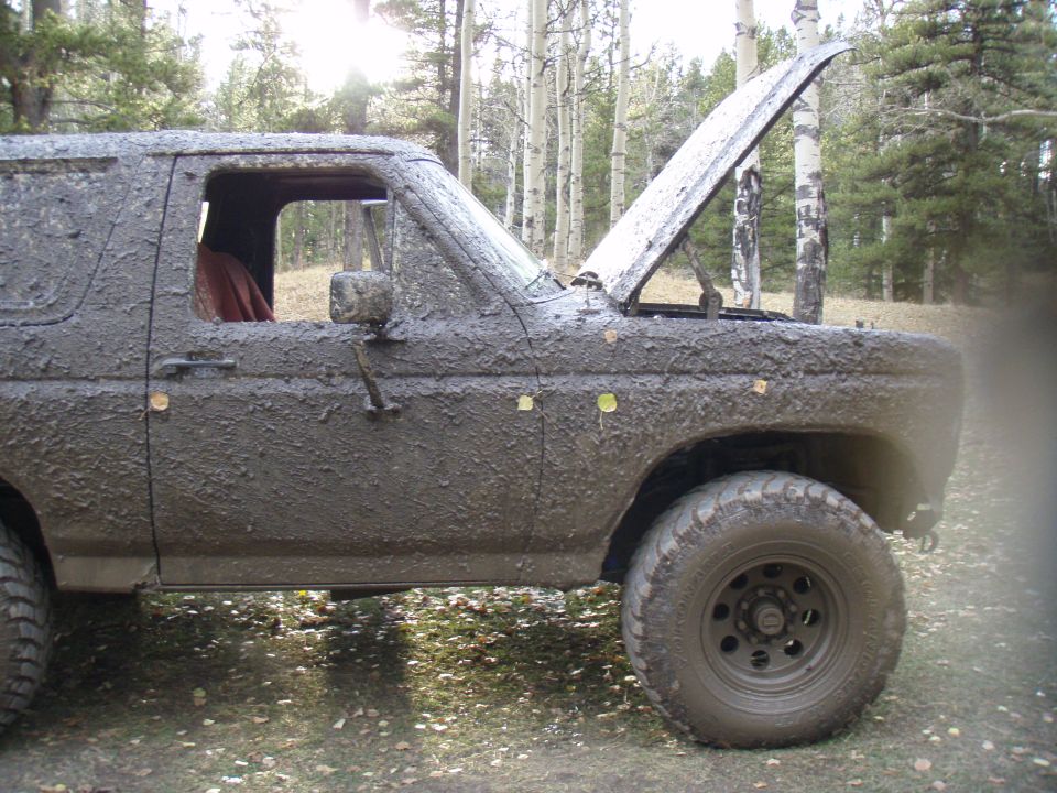 1985 Ford Bronco covered in mud, hood open, parked in a wooded area