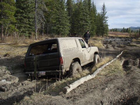 1985 Ford Bronco - A mud-covered SUV is stuck in a challenging off-road terrain with trees in the background.