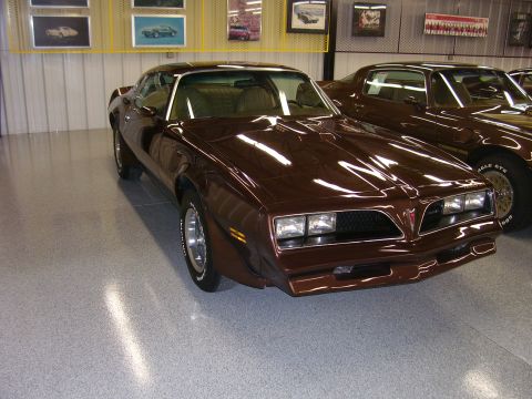 1979 Chevrolet Camaro - A brown 1977 Pontiac Firebird is parked in a showroom next to another Firebird.